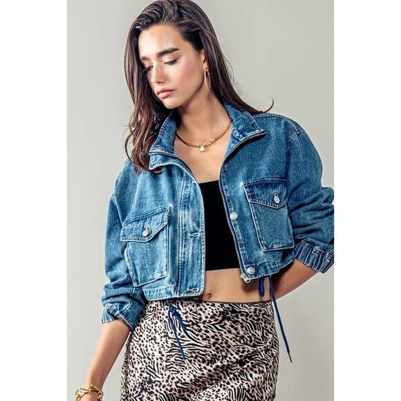 Urban Daizy Utility Cropped Drawstring Hem Stand Collar Denim Jacket - Picture 4 of 16